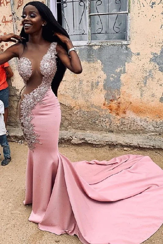Lowest Prices Chic Jewel Lace Appliques Mermaid Long Prom Dresses With Court Train Sheer Sleeveless Long Evening Gowns Lowest Prices Chic Jewel Lace Appliques Mermaid Long Prom Dresses With Court Train Sheer Sleeveless Long Evening Gowns