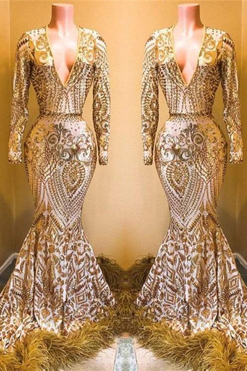 New Markdowns Gorgeous Sequins Long Sleevess V-neck Mermaid Prom Dresses