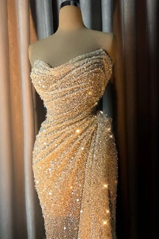 Online Specials Charming Strapless V-neck Crystal Sequins Draped Mermaid Prom Dresses