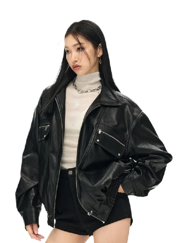 trendy bomber jacketBlack & White Vintage Silhouette Collar Moto Jacket