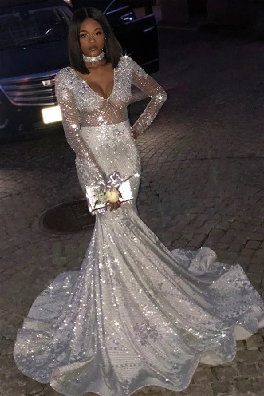 Daily Deals Unique V-Neck Long Sleevess Sequins Mermaid Floor-Length Prom Dresses