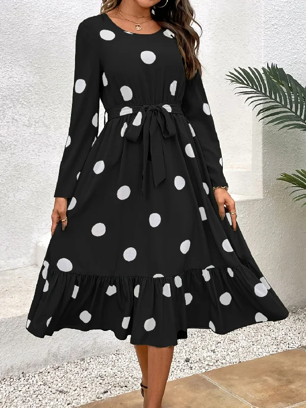 minimalistic dressTied Polka Dot Round Neck Ruffle Hem Dress