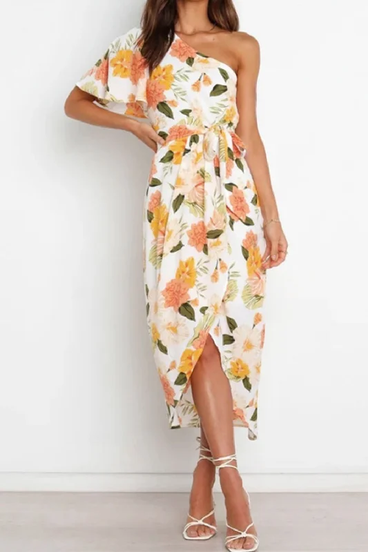 long-sleeve floral dressFloral One-Shoulder Tied Tulip Hem Dress