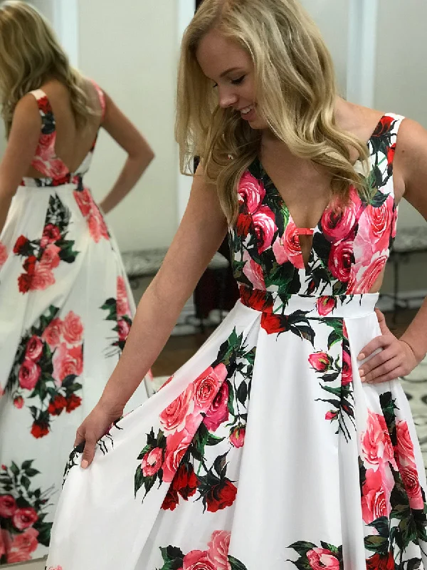 Limited Time Offer Chic Prom Dresses Straps Aline Rose Floral Print Satin Long Prom Dress JKL906