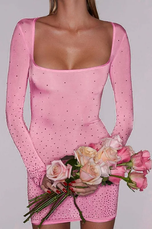 New Arrival ruched dressPink Rhinestone U Neck Mini dress