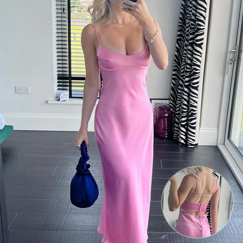 Instant Discount midi dressWomen Camis Satin Long Dress Elegant Sleeveless Slip Holiday Party Dresses Sexy Casual Backless Summer Dress