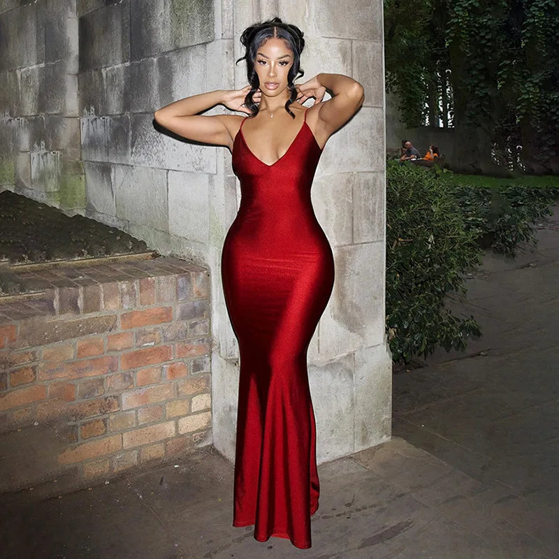 Deal of the Day casual shift dressShiny Spaghetti Strap Maxi Dress Women Solid Sexy Backless Cleavage Body-shaping dress