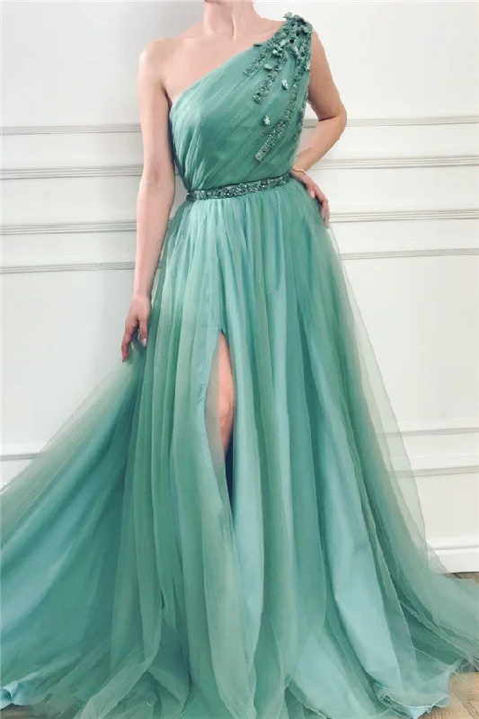 Quick Sale Gorgeous One Shoulder Green Tulle Prom Party Gowns with Beading Chic Front Slit Long Prom Party Gowns with Beading Sash