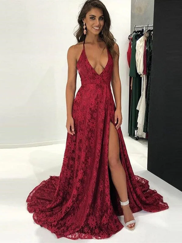 Savings Event Open Back Prom Dresses Halter V-neck A Line Lace Burgundy Slit Sexy Prom Dress JKL1095 Savings Event Open Back Prom Dresses Halter V-neck A Line Lace Burgundy Slit Sexy Prom Dress JKL1095