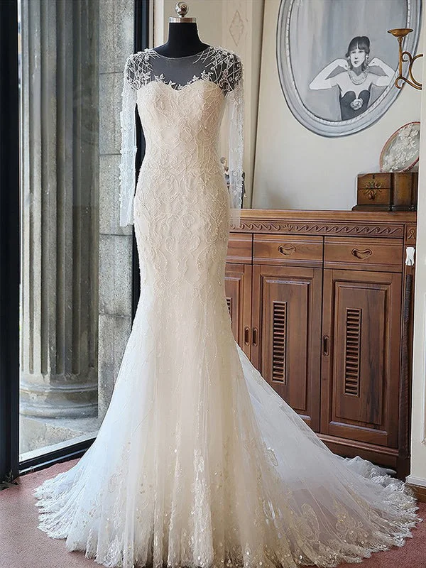 Unbeatable Prices Chic Wedding Dresses Scoop Trumpet/Mermaid Delicate Sexy Tulle Bridal Gown JKS229