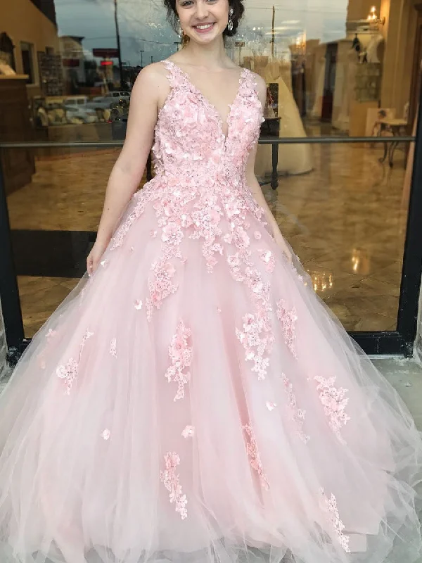 Sneak Peek Sale Beautiful Prom Dresses Straps V-neck A-line Pink Long Lace Prom Dress JKL960