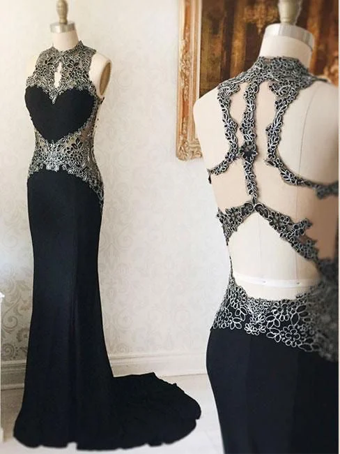 Price Meltdown Black Prom Dresses Appliques High Neck Sheath Column Long Jersey Sexy Prom Dress JKL1096 Price Meltdown Black Prom Dresses Appliques High Neck Sheath Column Long Jersey Sexy Prom Dress JKL1096