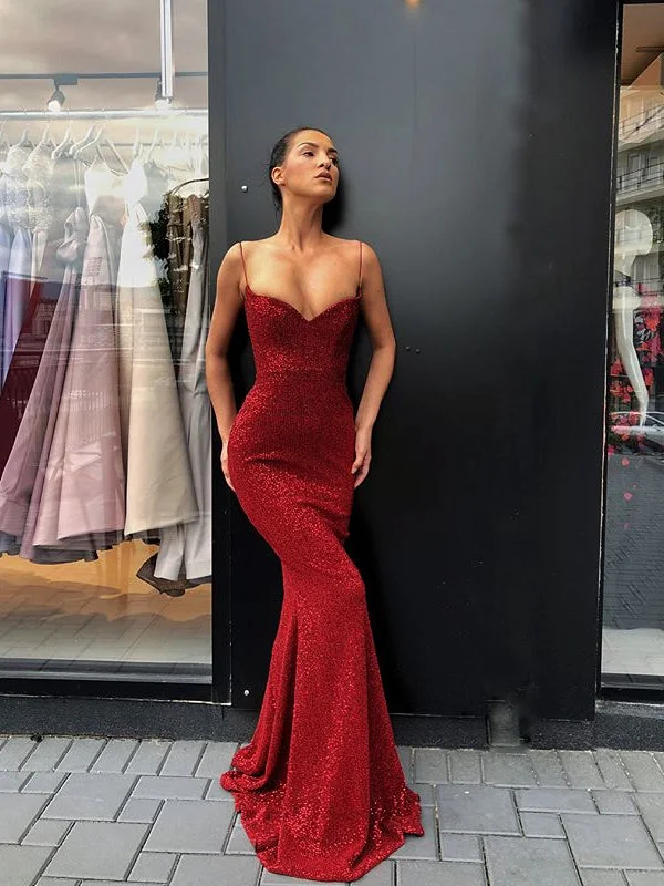 Price Fest Burgundy Prom Dresses Spaghetti Straps Sheath Long Sparkly Sexy Prom Dress JKL1235