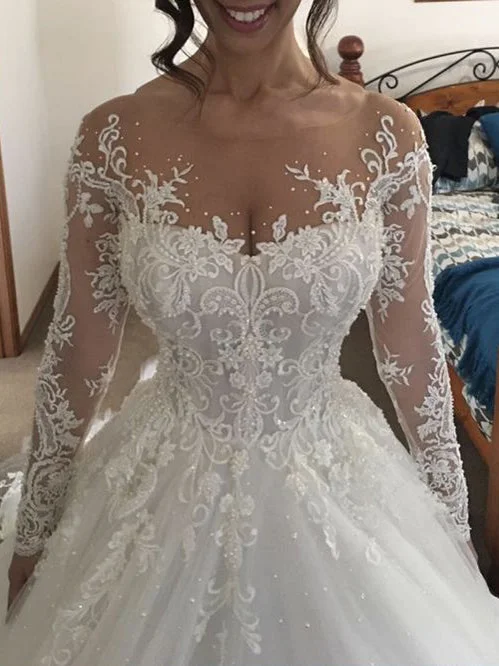 Special Savings Chic Wedding Dresses Scoop Long Sleeve Ball Gown Beading Bridal Gown JKS245