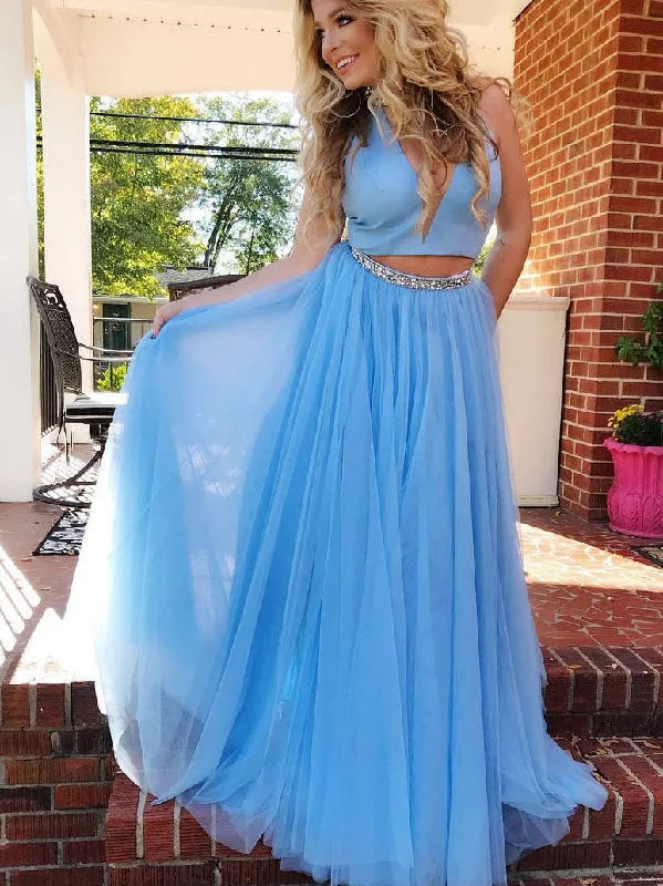 Steals and Deals Two Piece Prom Dresses High Neck Sexy Rhinestone Long A Line Prom Dress JKL826