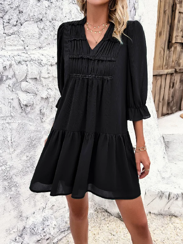 wool dressRuched Notched Flounce Sleeve Dress