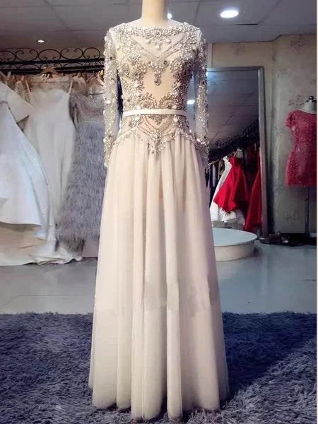 The Best Prices Long Sleeve Prom Dresses Bateau A-line Rhinestone Sparkly Long Prom Dress JKL1055