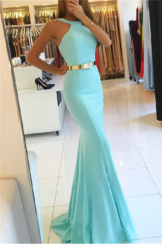Final Markdown Mermaid New Arrival Halter Sleeveless Prom Dresses With Sash