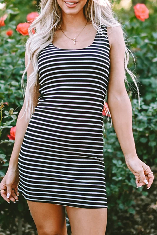 Sneak Peek Sale Black Stripe Ribbed Knit Sleeveless Mini Dress