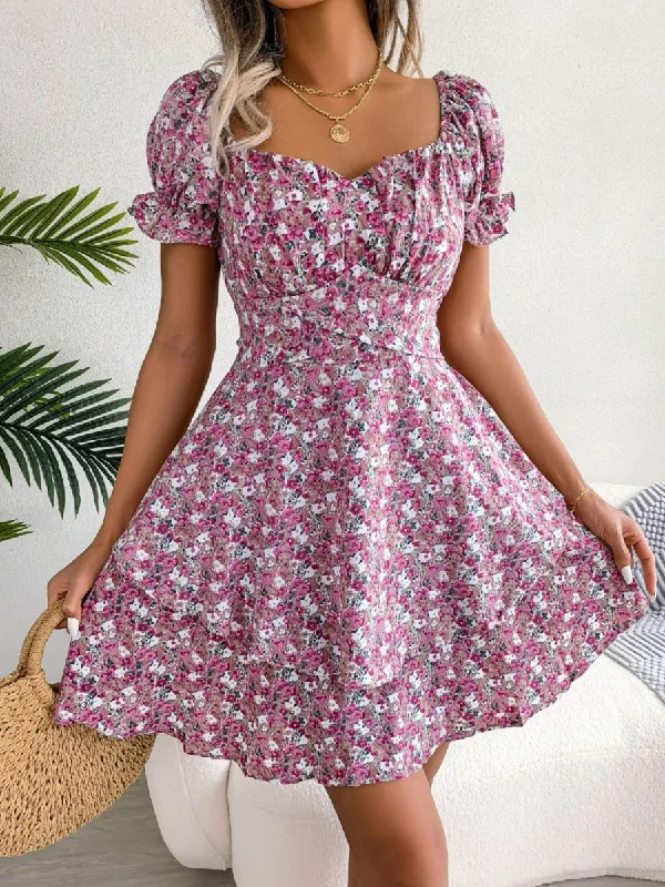 summer dressFloral Sweetheart Neck Flounce Sleeve Mini Dress