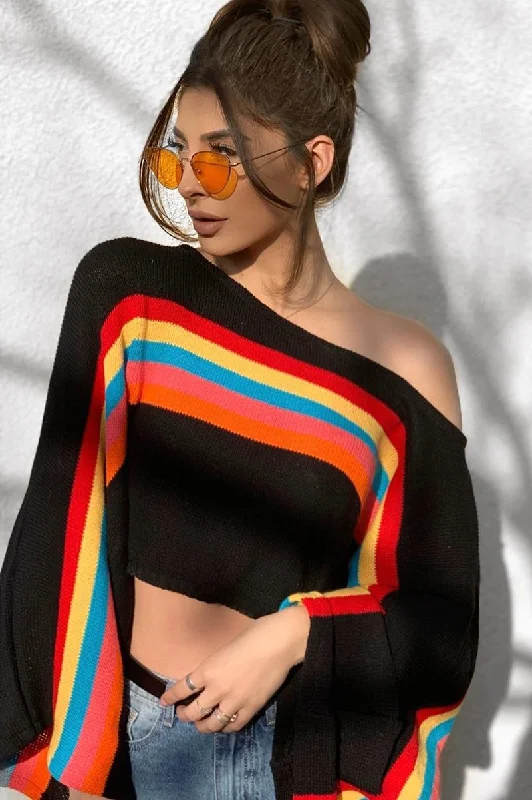 Weekend Deal fleece pullover sweatshirtBlack Jumper with Stripe Rainbow Middle Jumper - Dasie Weekend Deal fleece pullover sweatshirtBlack Jumper with Stripe Rainbow Middle Jumper - Dasie