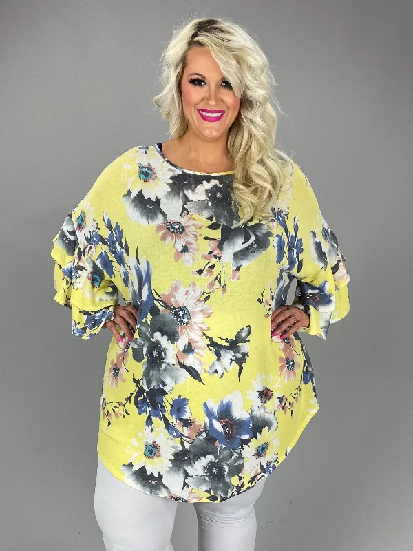 trendy dress23 PSS-G {Missing You} Yellow Floral Ruffle Sleeve Tunic  PLUS SIZE 3X 4X 5X