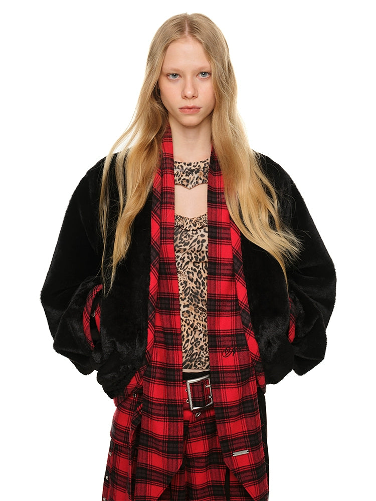 warm weather jacketShort Color-Block Rabbit Fur Tie Jacket