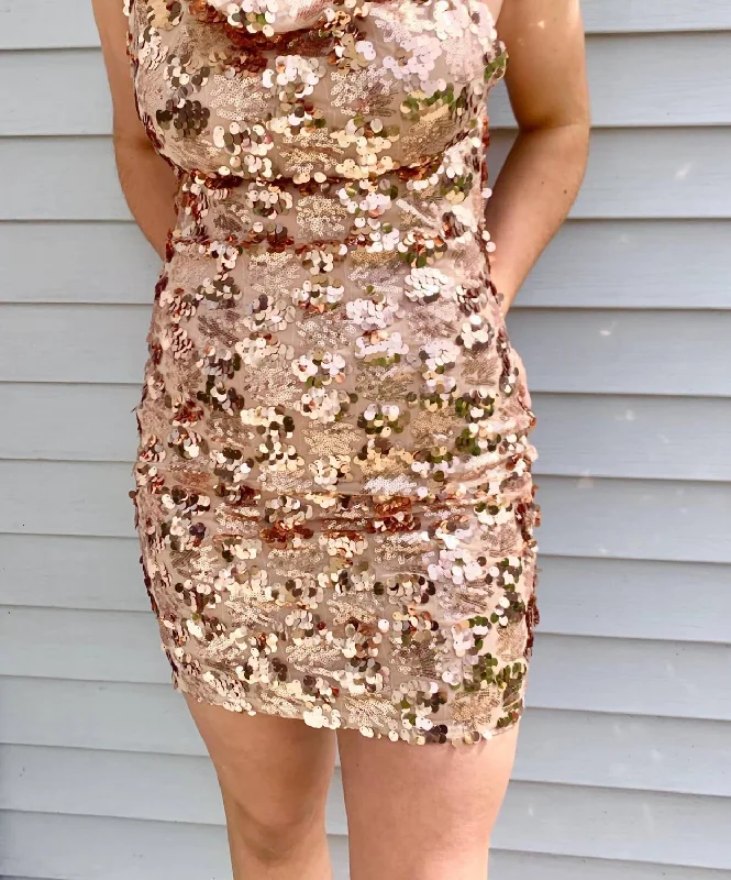 romantic dressRose Gold Sequin Cowl Neck Mini Dress