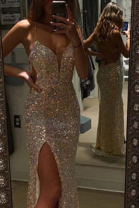Today’s Deal Mermaid Evening Dresses Spaghetti Straps V Neck Prom Dresses With Split