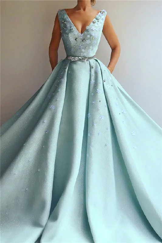 Super Deal Exquisite Sequins V-neck Sleeveless Prom Party Gowns| Chic Flowers Pearls Long Prom Party Gowns with Beading Sash