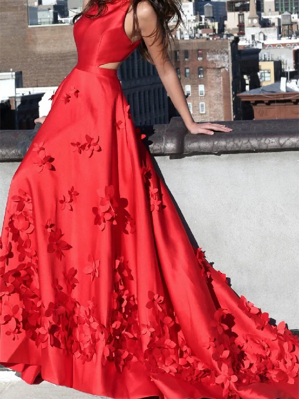 Shop and Save Red Prom Dresses A-line Sweep Train Hand-Made Flower Long Chic Prom Dress JKL1213 Shop and Save Red Prom Dresses A-line Sweep Train Hand-Made Flower Long Chic Prom Dress JKL1213