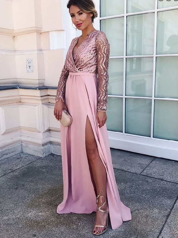 Early Bird Discount Long Sleeve Prom Dresses with Slit A-line V-neck Floor-length Chic Long Prom Dress JKL1245 Early Bird Discount Long Sleeve Prom Dresses with Slit A-line V-neck Floor-length Chic Long Prom Dress JKL1245