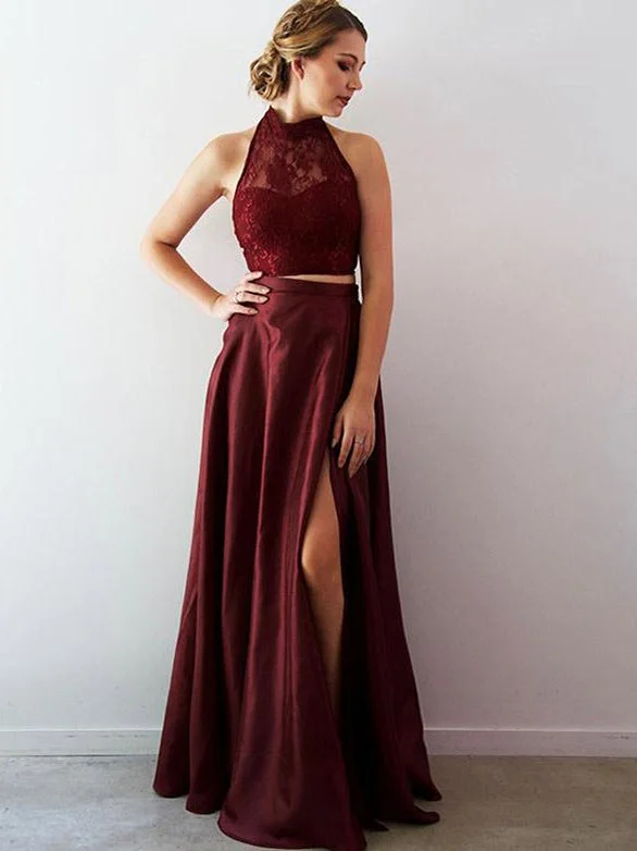 Take Advantage Two Piece Prom Dresses Halter Aline Lace Burgundy Taffeta Long Slit Prom Dress JKL1224 Take Advantage Two Piece Prom Dresses Halter Aline Lace Burgundy Taffeta Long Slit Prom Dress JKL1224
