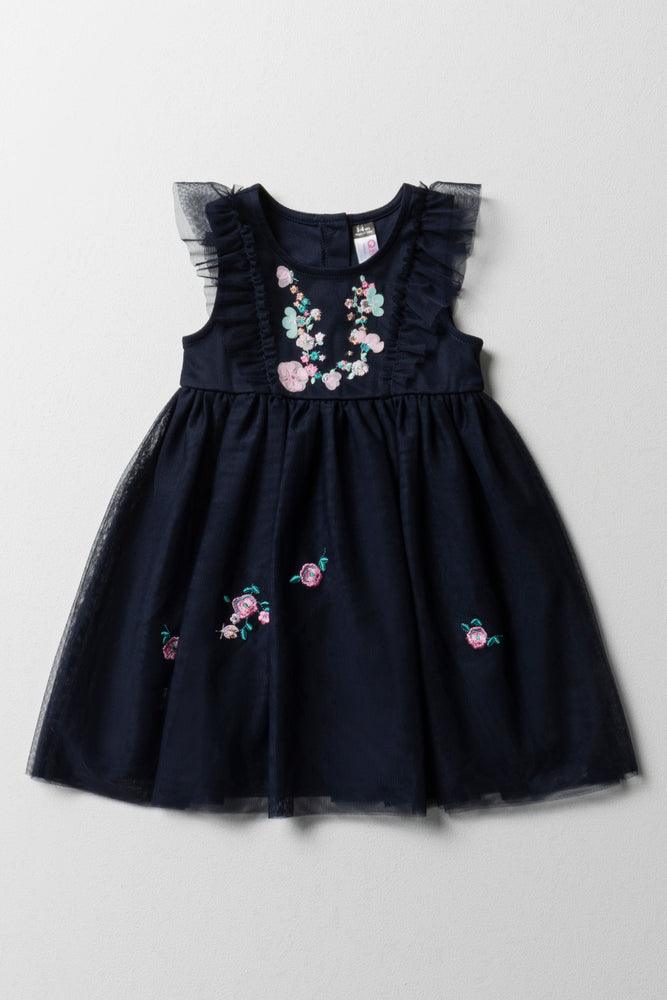 Steals and Deals luxury dressEmbroidered Mesh Frill Dress Dark Navy