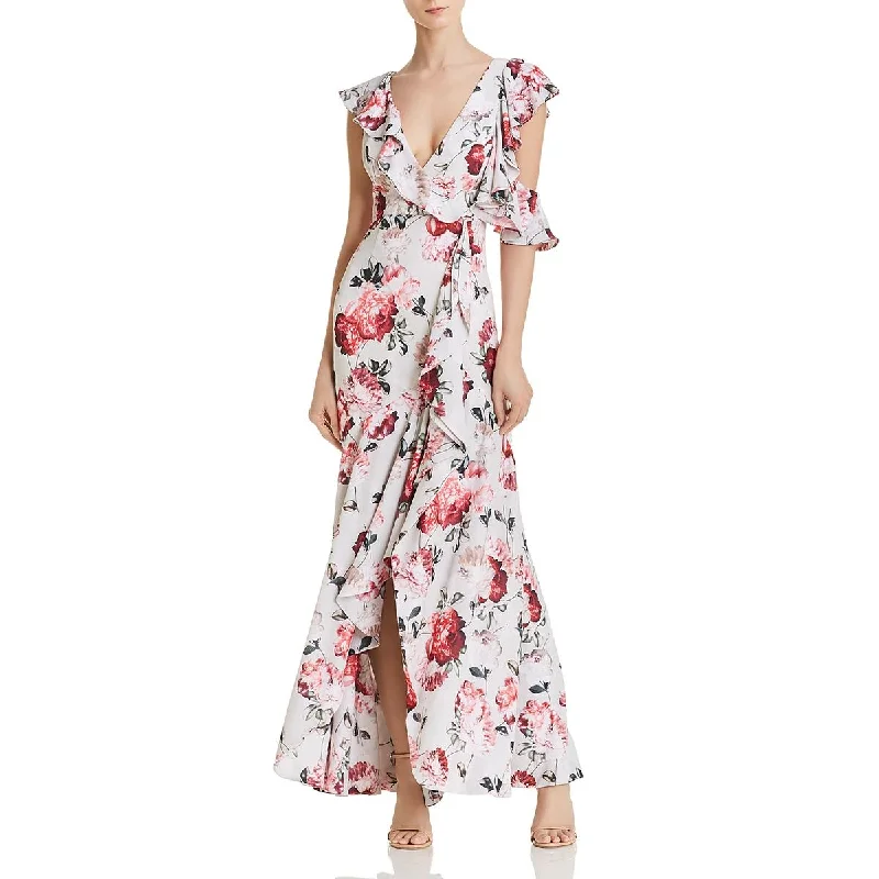 casual day dressFame And Partners Womens Beckman Floral Print Ruffled Sleeves Evening Dress