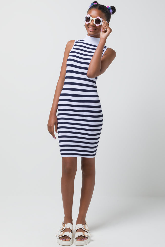 Shop and Save evening dressStripe Seamless Turtleneck Sleeveless Dress Navy