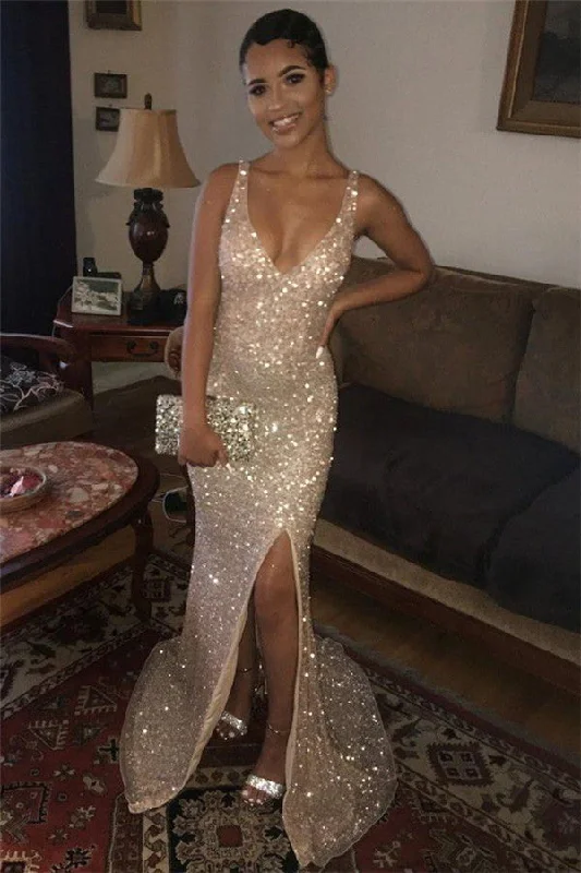 Price Drop Alert Mermaid Chic Sequins Straps V-Neck Side-Slit Evening Dresses
