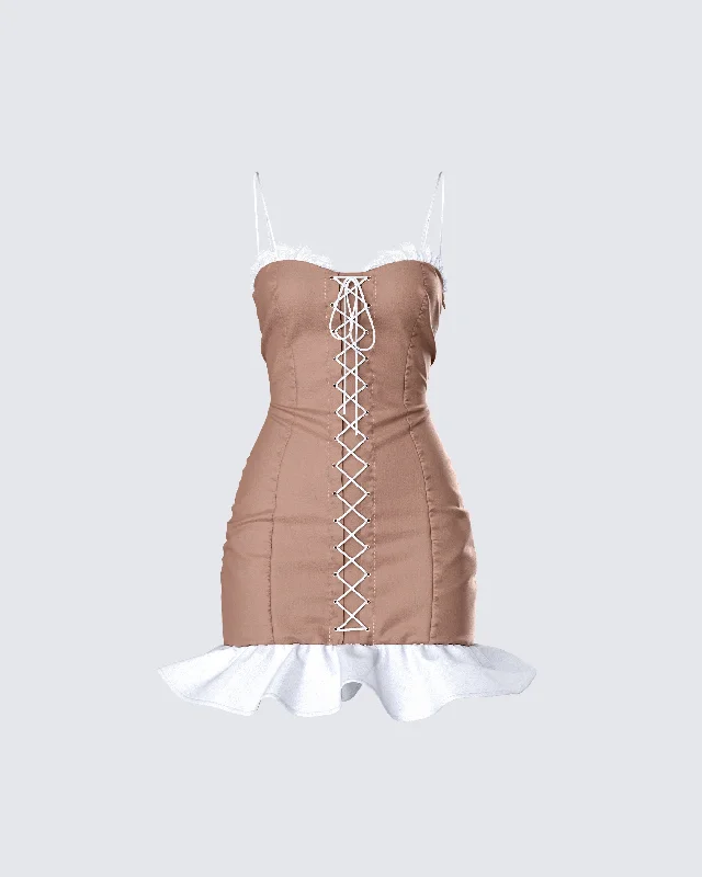 Hurry In comfy dressAza Taupe Lace Up Mini Dress