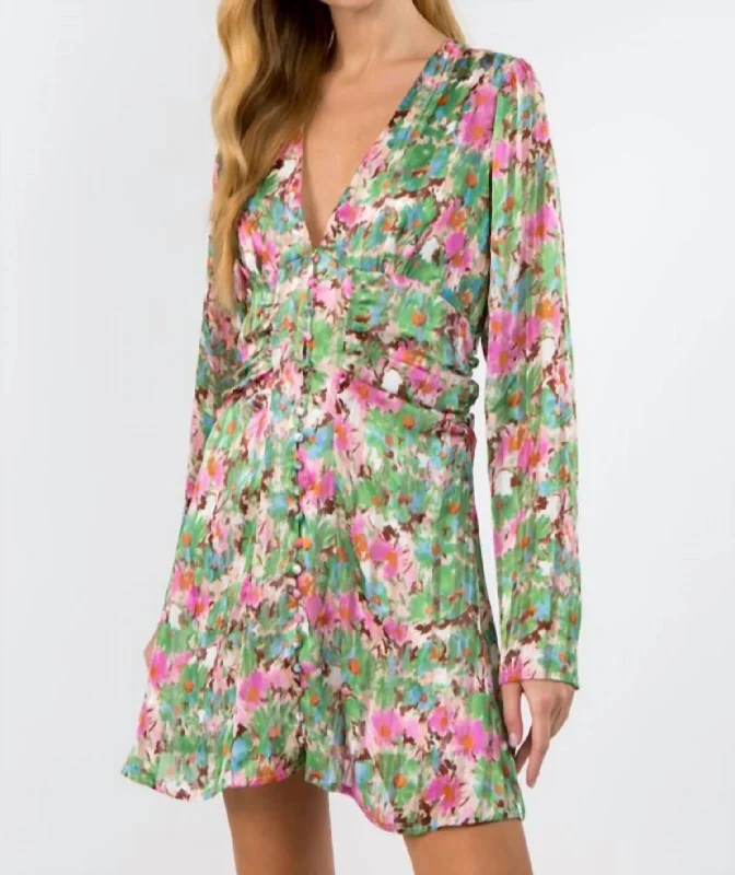 silk dressFloral Button Down Long Sleeve Mini Dress In Pink/green Floral