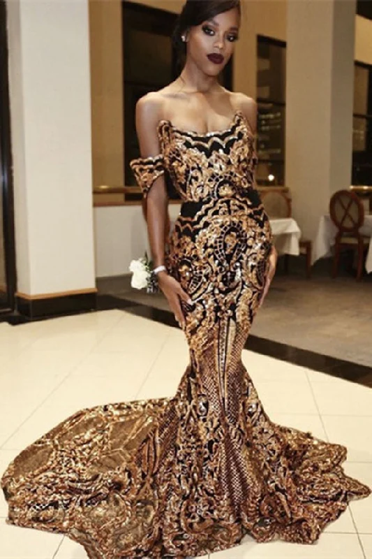 Reduced Prices Luxurious Strapless Mermaid Golden Appliques Evening Dresses