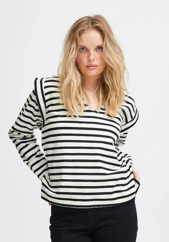 Reduced Prices casual hoodie with logoIchi Tira V-Neck Striped Sweatshirt, Black & White
