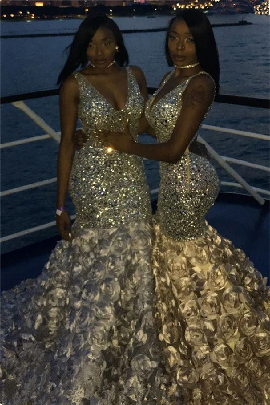 Price Smash Luxurious Sparkle V-neck Sleeveless Sequin Prom Party Gowns with Puffy Flowers Skirt