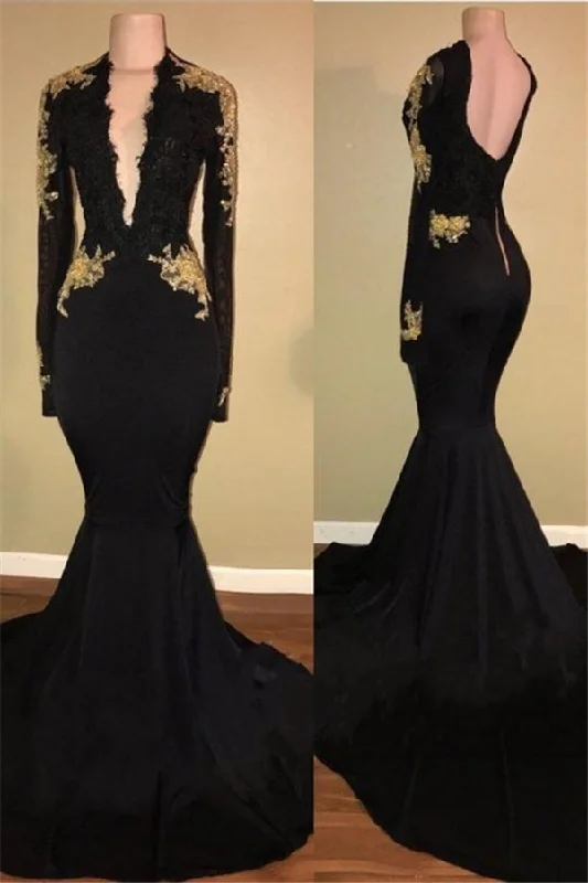 Stock Clearance Chic Black and Gold Prom Dresses Deep V-Neck Long Sleevess Evening Gowns