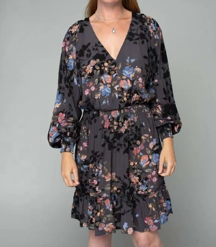 Online Exclusive knit dressFloral Dolman Sleeve Smocked V Neck Mini Dress in Grey/ Dusty Blue