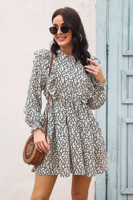 Don't Miss casual dressPrinted Ruffle Trim Smocked Casual Long Sleeve Mini Dress