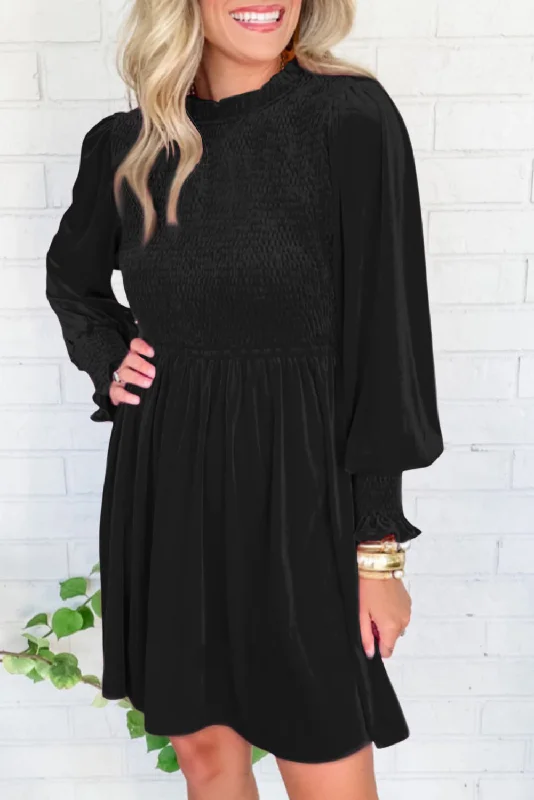 Amazing Deals evening dressBlack Frilled Neck Smocked Bodice Velvet Dress