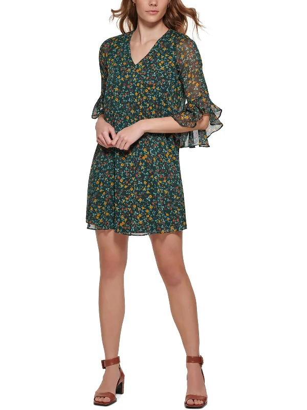 long sleeve dressPetites Womens Floral Mini Shift Dress