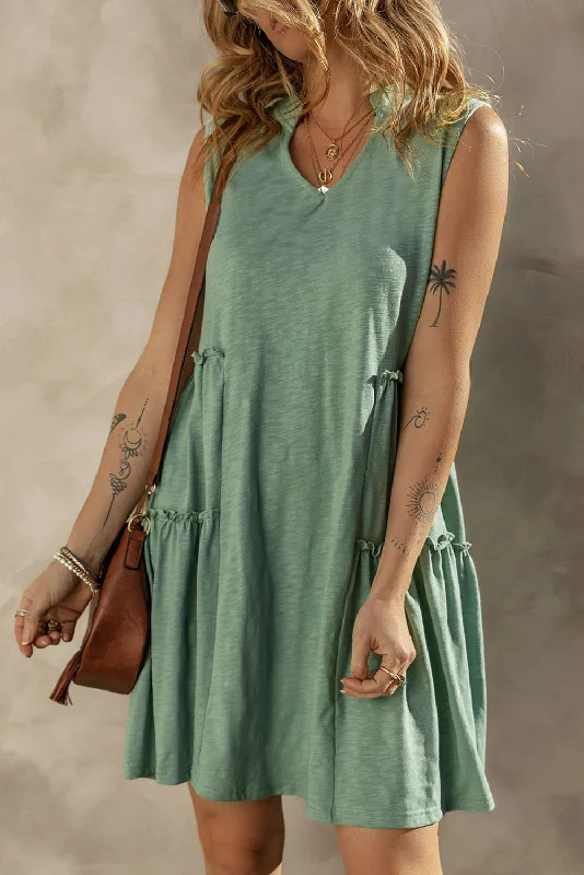 Discount Deals Moonlight Jade Split V Neck Tiered Flowy Sleeveless Dress