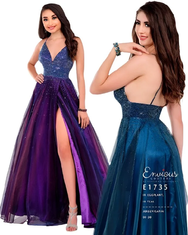 off-shoulder dressEnvious Couture E1735 Size 4, 10, 24 Iridescent Prom Dress Embellished Bodice Wrap A Line Skirt Slit 1735