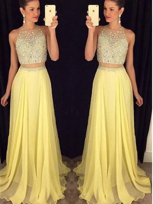Overstock Two Piece Prom Dresses A Line Rhinestone Yellow Long Sparkly Prom Dress JKL1088